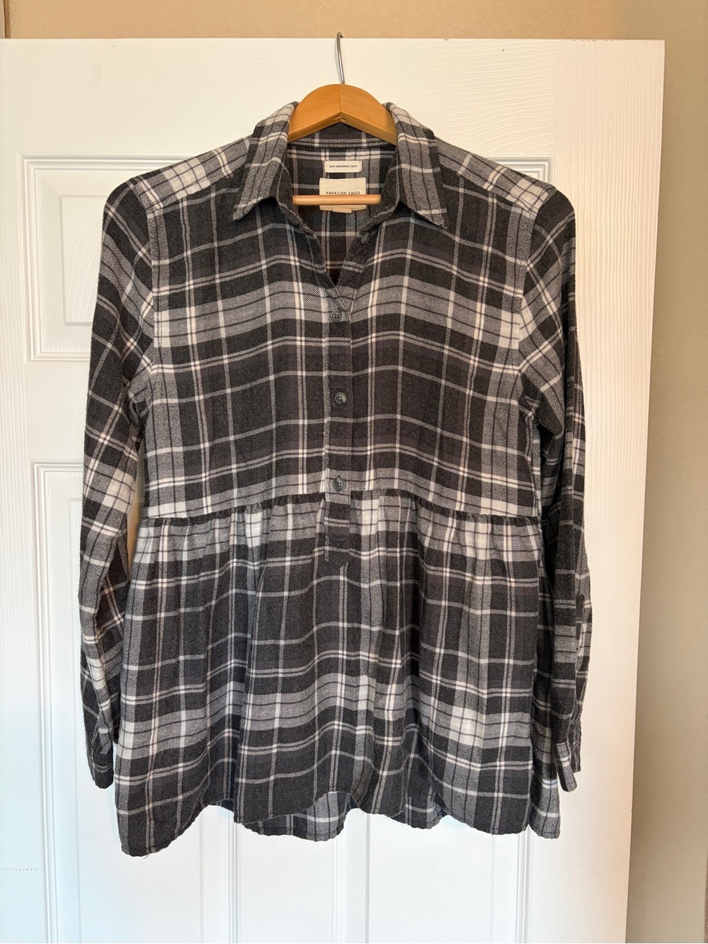 American Eagle Babydoll Flannel Top XS Plaid Cottagecore Peplum E10